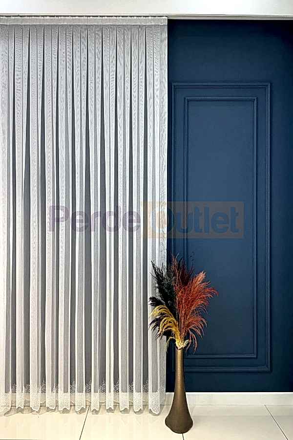 Ekru Etek İşlemeli Düz Tül Perde